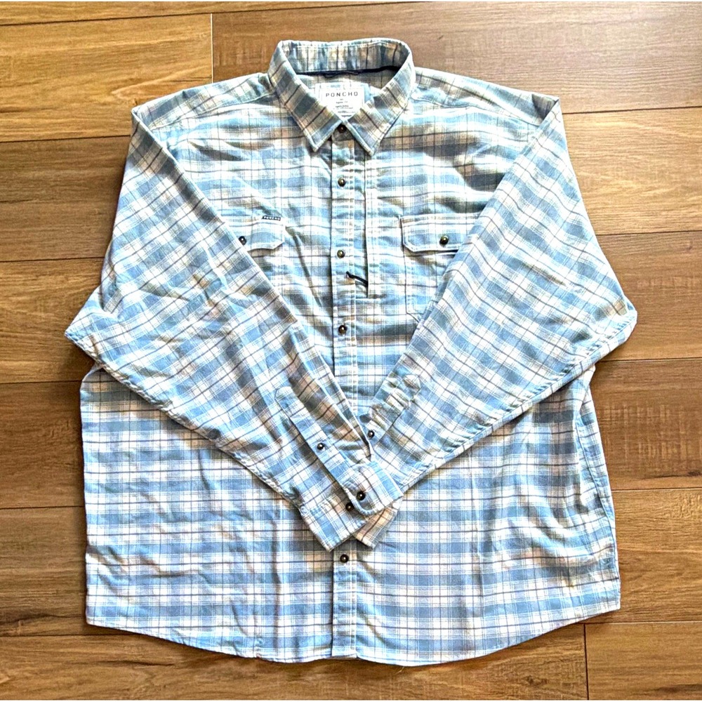Poncho Mens 3XL Long Sleeve Blue Woven Plaid Fishing Shirt Magnetic Pockets 277